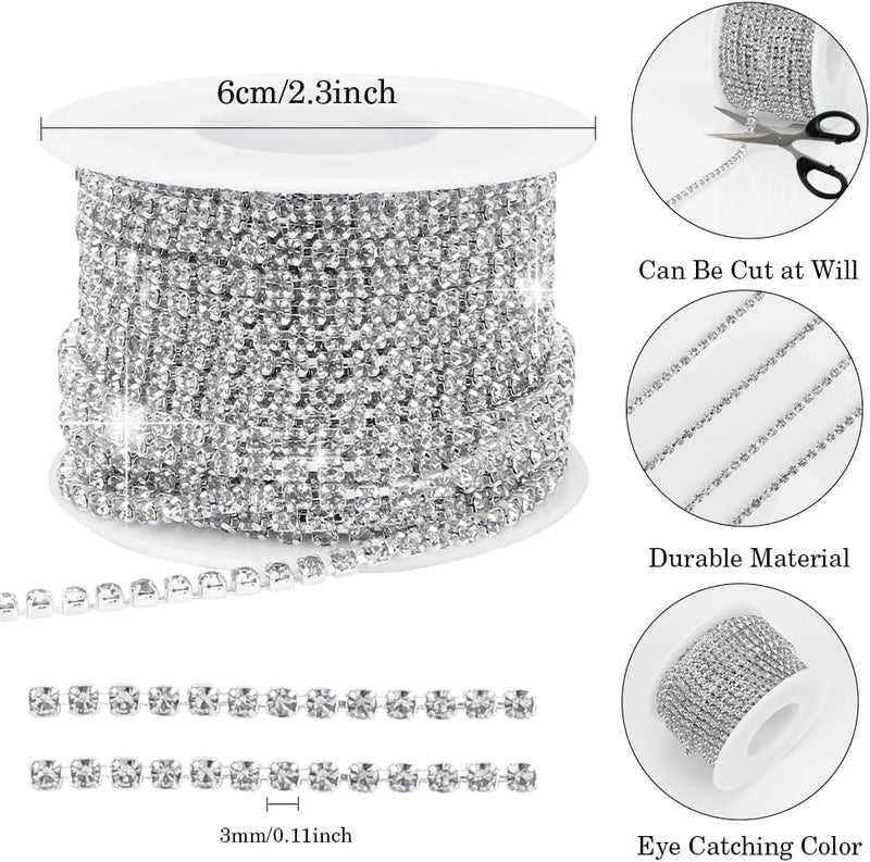 Slergut Rhinestone Chain, 10Yard 3mm Silver Rhinestone Trim, Diamond String Rhinestone Ribbon Strips Tape, Bling Crystal Rhinestone Close Chain Claw Cup Chain Trim for Sewing Craft DIY Clothes Shoes Jewelry - Image 2